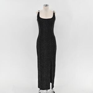 Vtg Slip Dress Y2k Prom Gown Vamp Goth Black Silver Glitter‎ Shimmer USA Sz 4